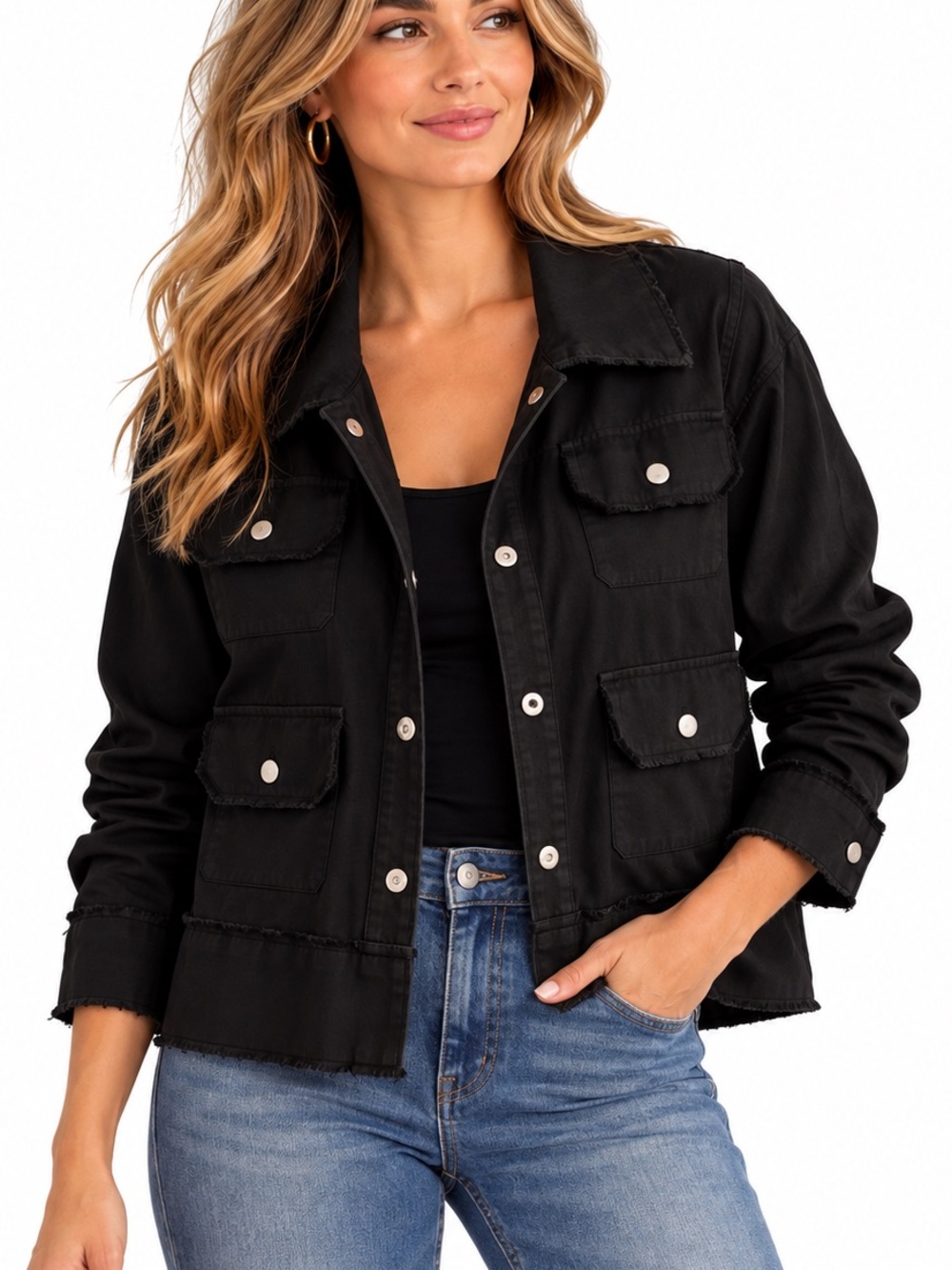 Seaspice Resort Wear Black Deconstructed Raw Edge Utility Jacket Size Large
